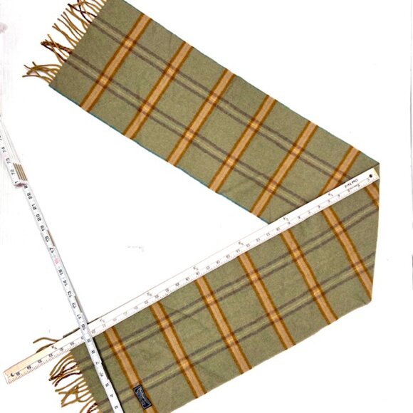 Men-Women Burberry Of London  Scarf 100% Wool Olive Beige Plaid Fringe66"x10"(21 - Picture 7 of 8